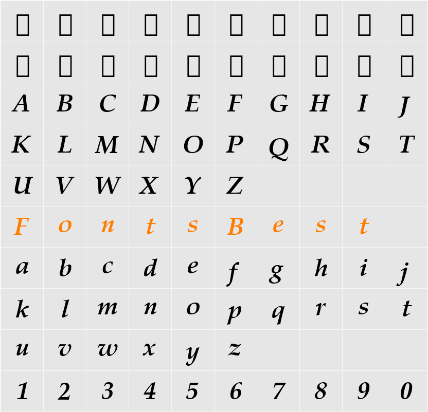Zapf Calligraphic 801 SWA Character Map