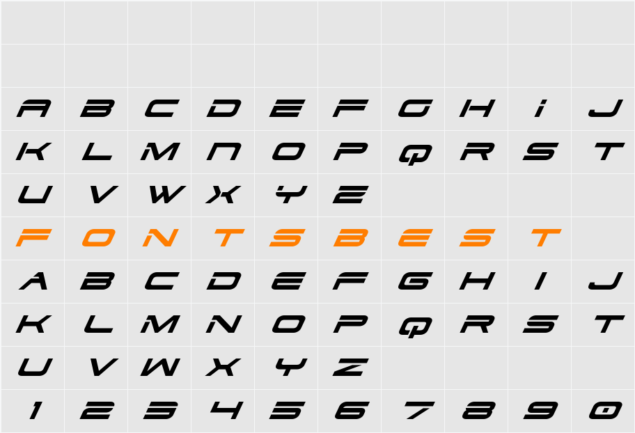 Dodger Super-Italic Character Map