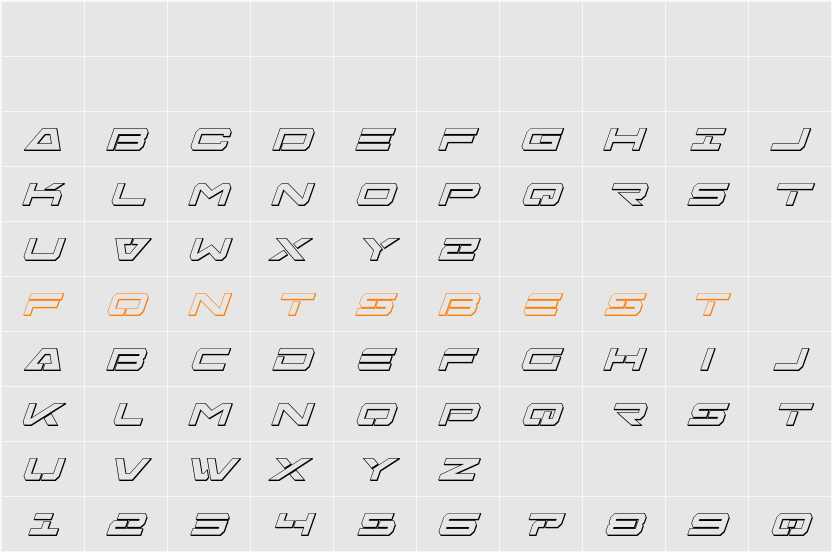 Free Agent Bold 3D Italic Character Map