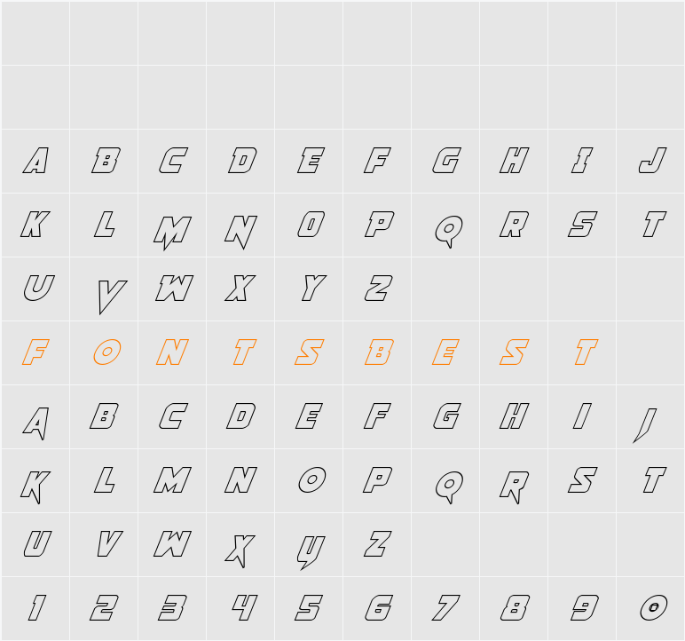 Pistoleer Outline Italic Character Map