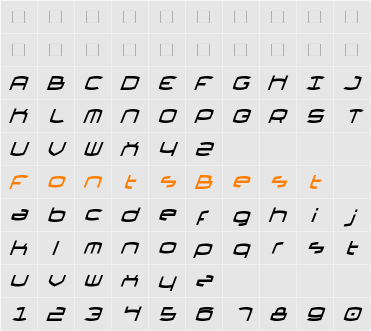 Thundergod II Condensed Italic Character Map