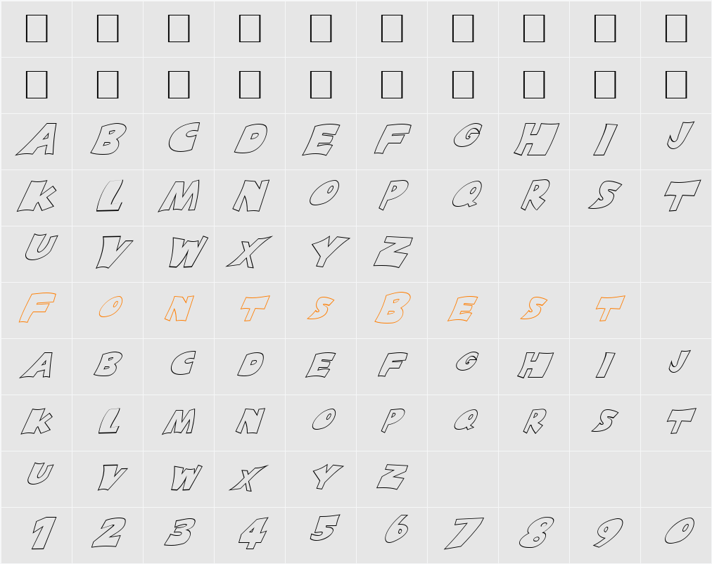 FZ JAZZY 10 HOLLOW ITALIC Character Map