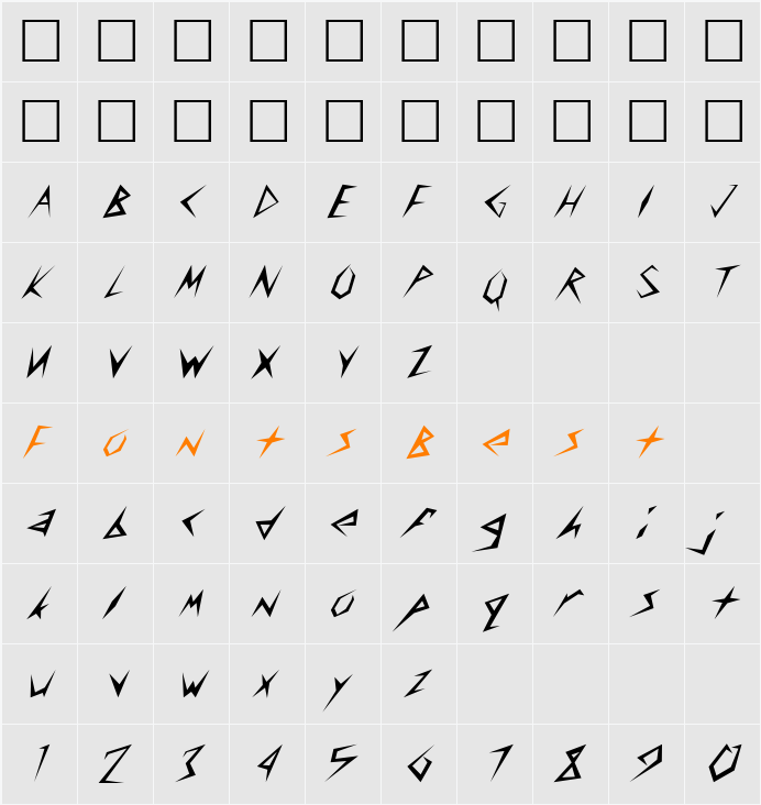 StingerLightSkewed Character Map