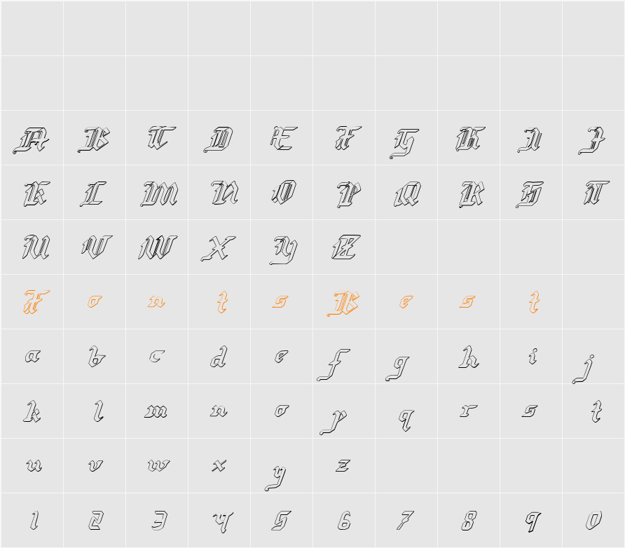 Redcoat Shadow Italic Character Map