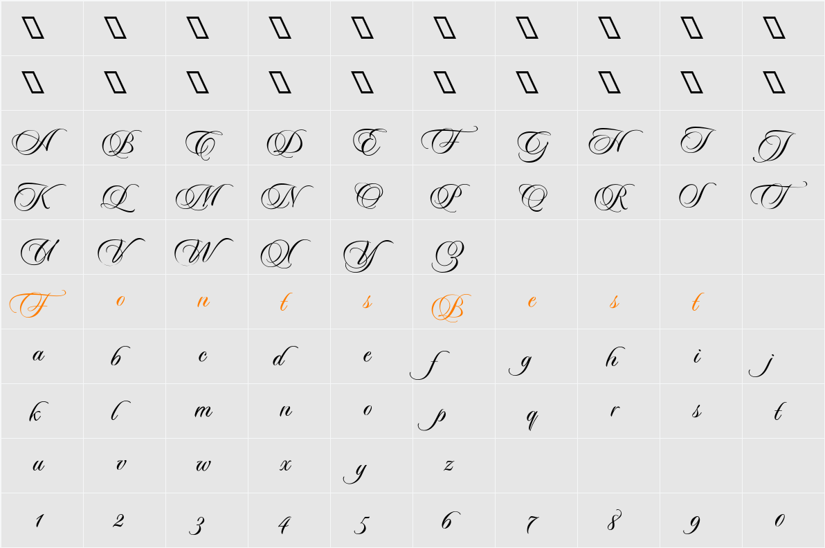 Sloop Script Two LessSlant Character Map
