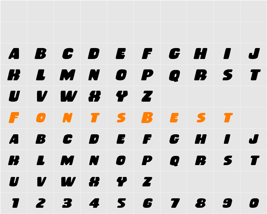 Rubber Boy Expanded Italic Character Map