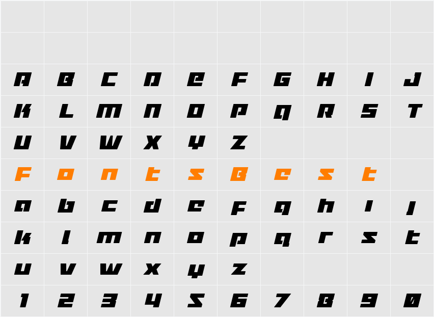 Turbo Charge Condensed Italic Character Map