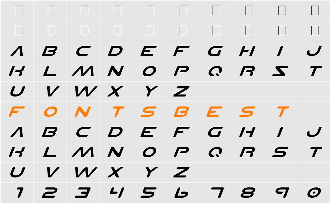 Planet NS Expanded Italic Character Map