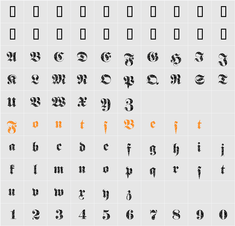 FrakturBrokenGlass Character Map