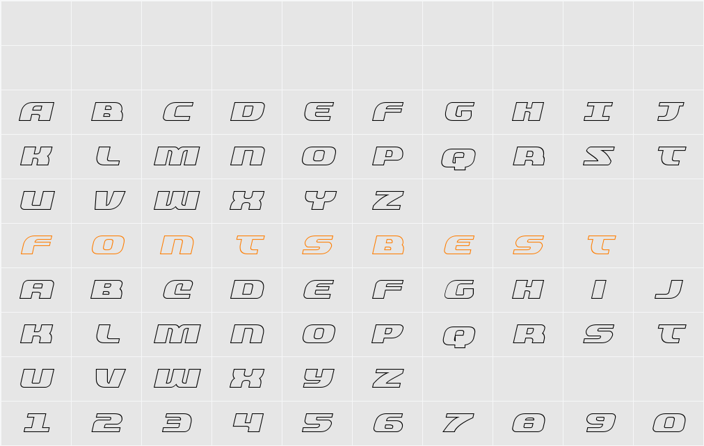 Quickening Outline Italic Character Map