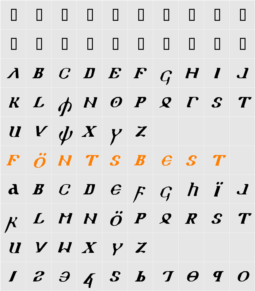 Holy Empire Italic Character Map