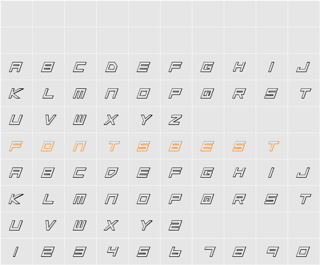 Low Gun Screen Bold Italic 3D Character Map