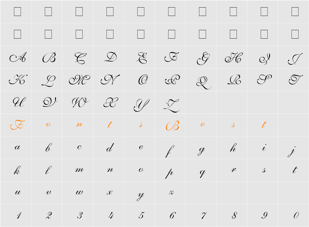 Nelson Script Large Character Map