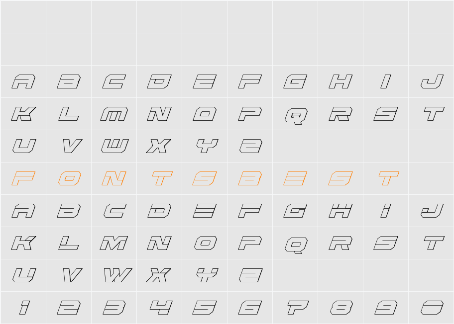 Eridanus Condensed 3D Italic Character Map