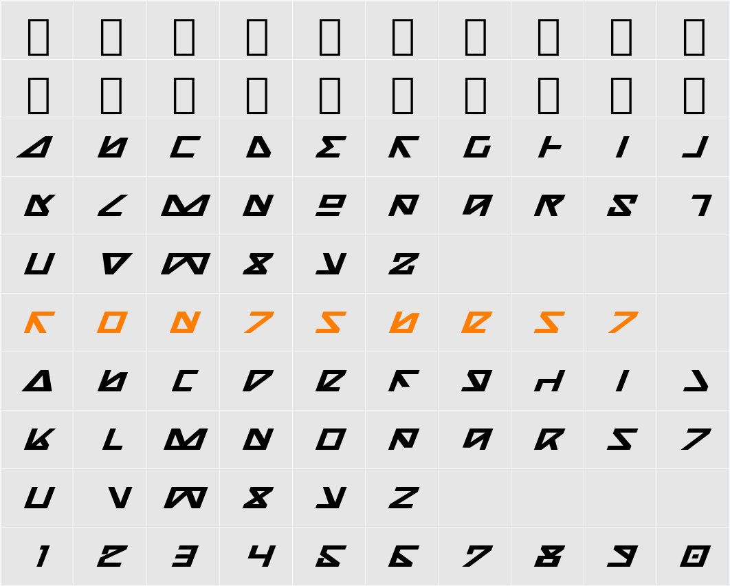 Nick Turbo Bold Expanded Italic Character Map