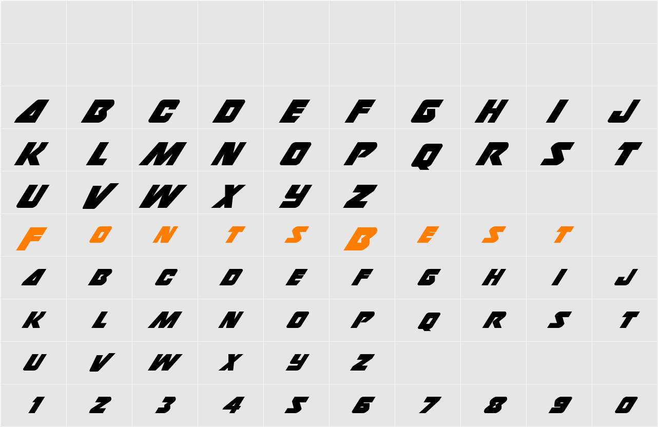 Thunderstrike Italic Character Map