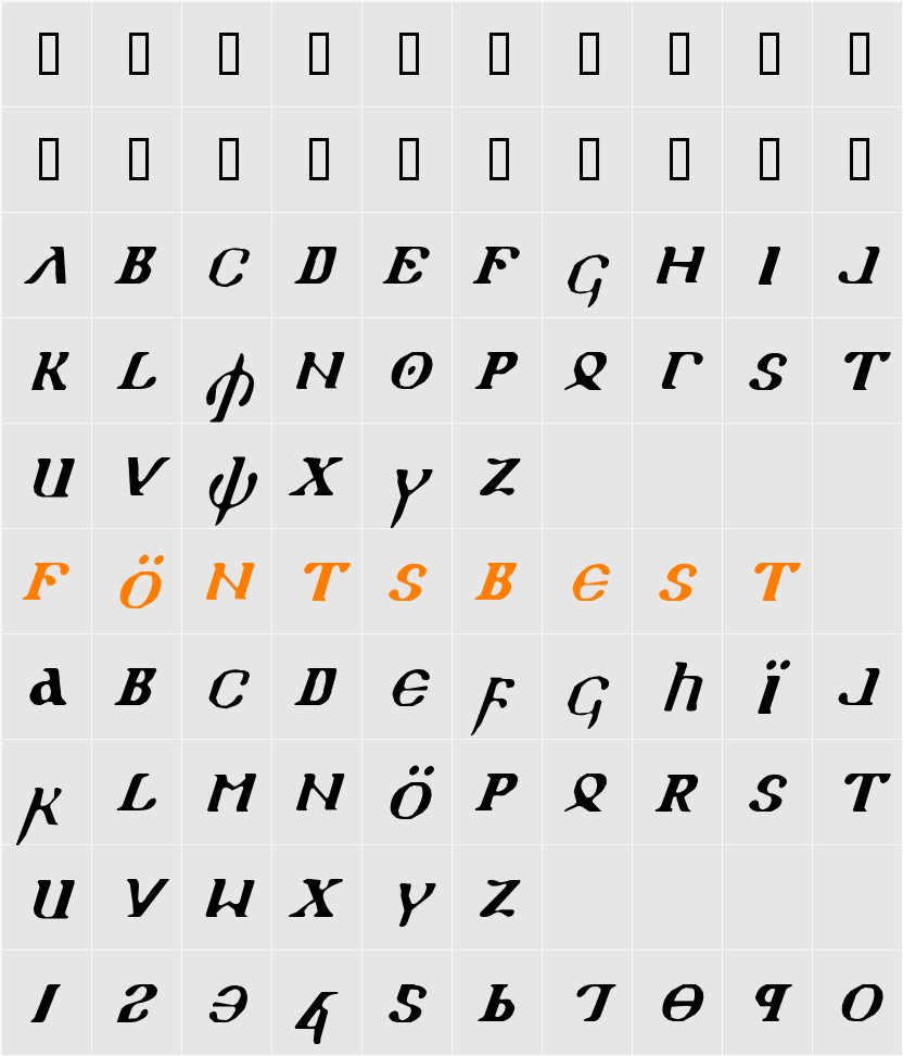 Holy Empire Italic Character Map