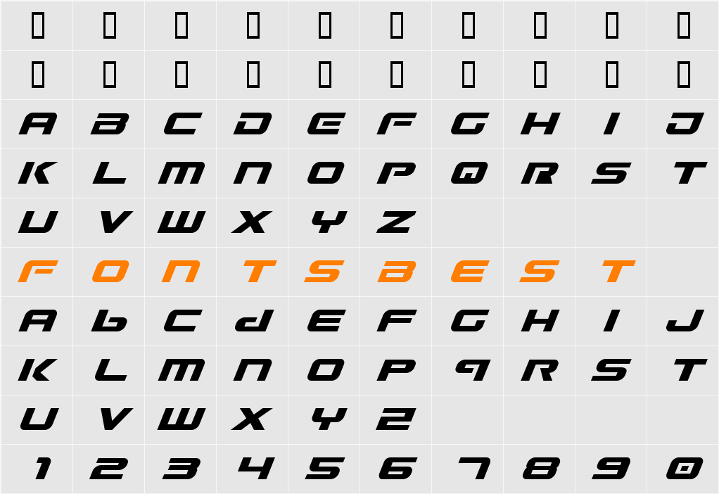 Gunship Italic Character Map