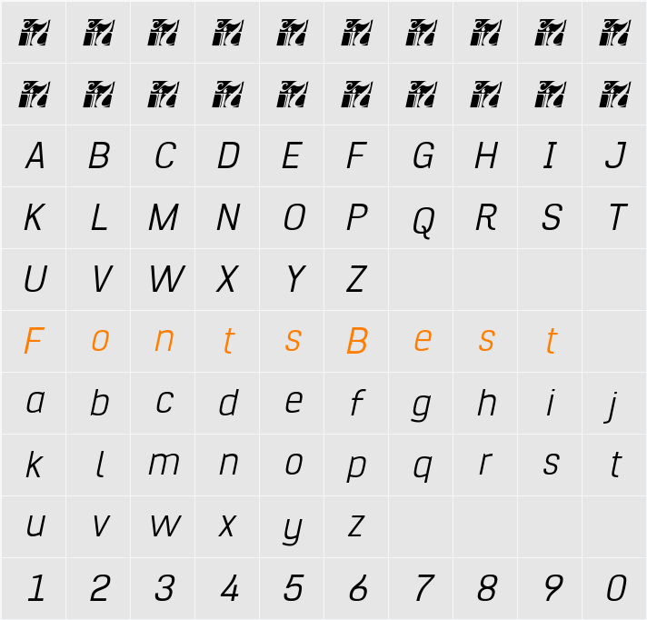 Hurufo & Numero Thin Italic Character Map