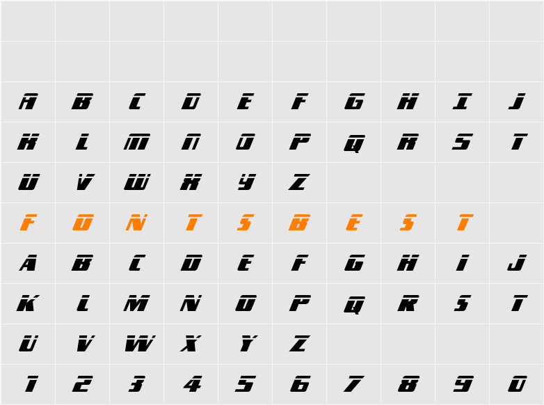 Typhoon Laser Italic Character Map