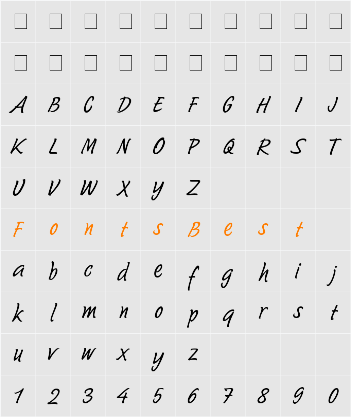 Sayer Script MN Light Character Map