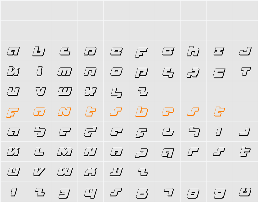 Boomstick 3D Italic Character Map
