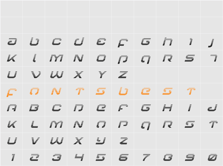 Gunrunner Gradient Italic Character Map