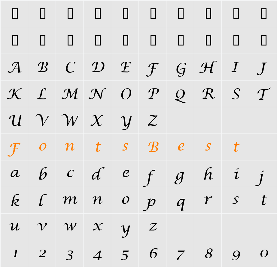 Lucida Calligraphy Character Map