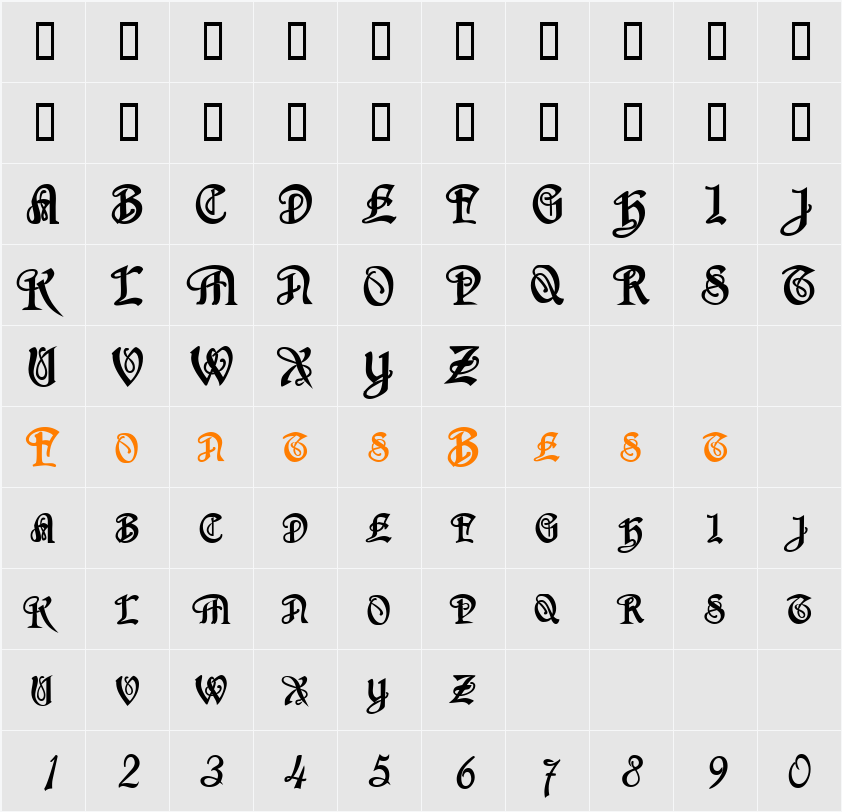 SherwoodCaps Character Map