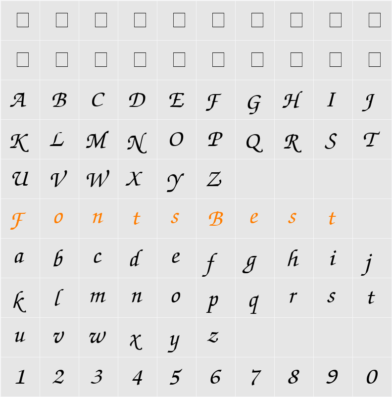 TrSah Zurich Calligraphic Character Map