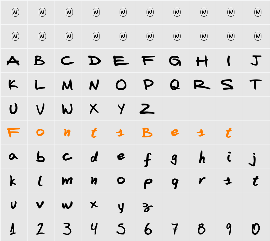 FAFERS Handwriting Font Character Map