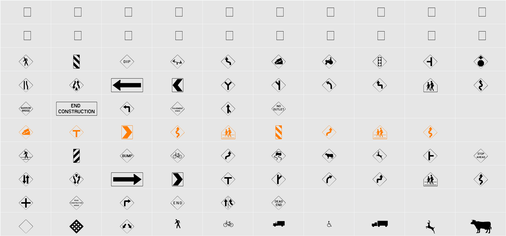 Road Warning Sign Character Map