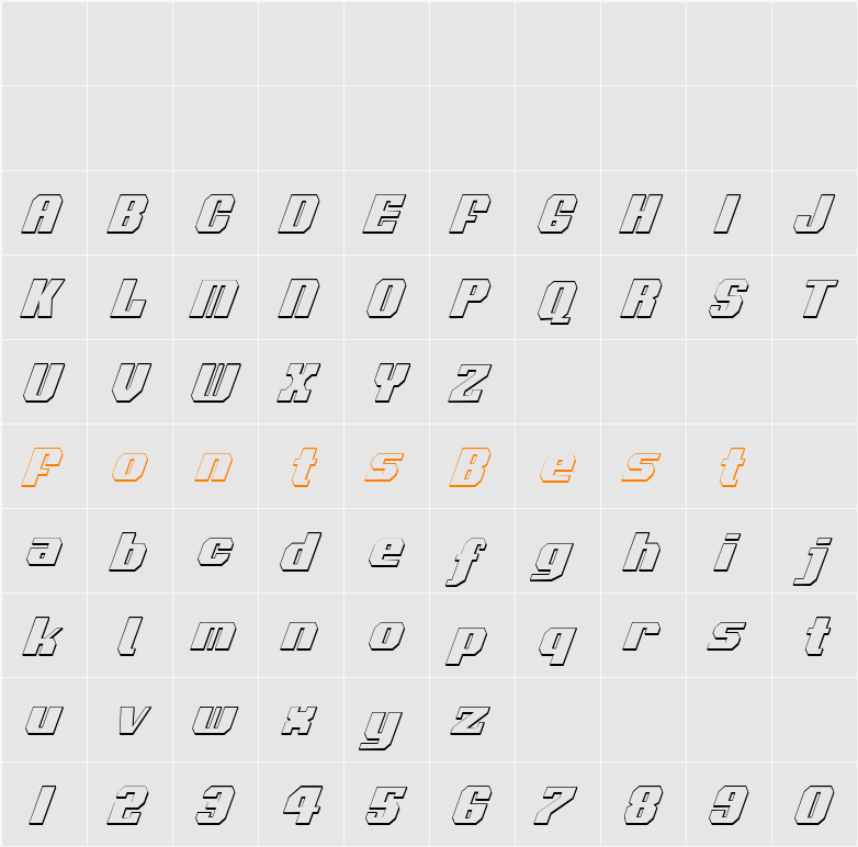 Voortrekker 3D Condensed Italic Character Map