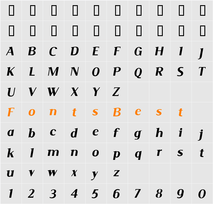 Serif Medium Italic Character Map