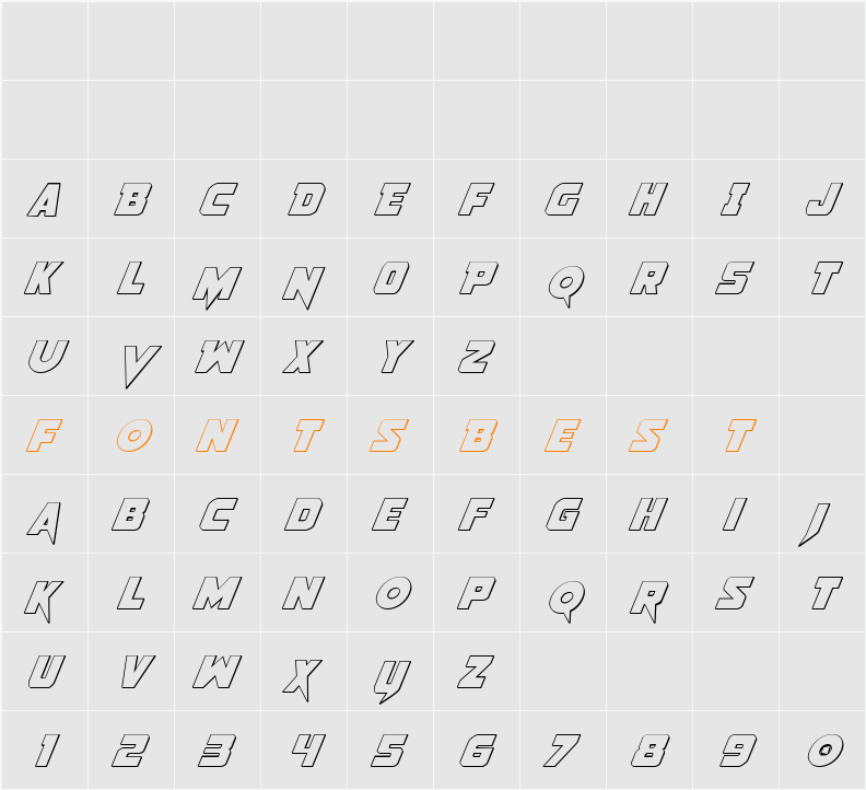Pistoleer 3D Italic Character Map