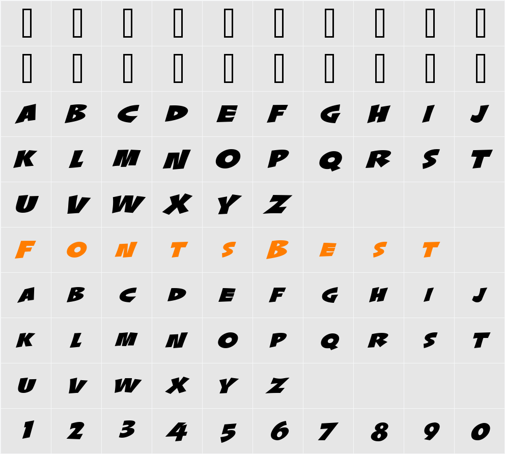 LHF Splash Italic Character Map