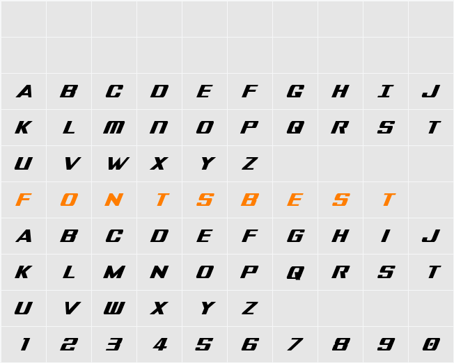 Tigershark Extra-Condensed Italic Character Map