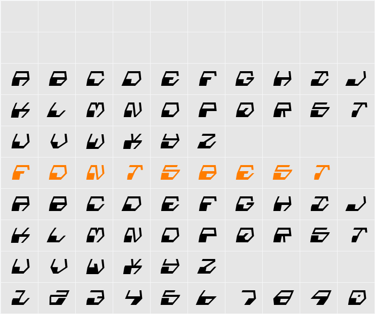 Deranian Condensed Italic Character Map