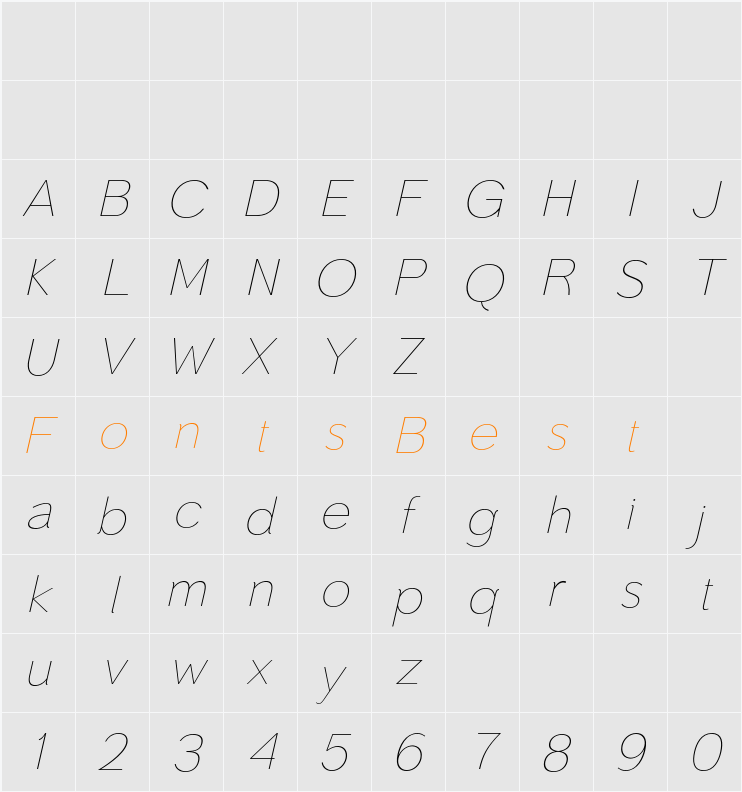 Toiban Italic Thin Character Map