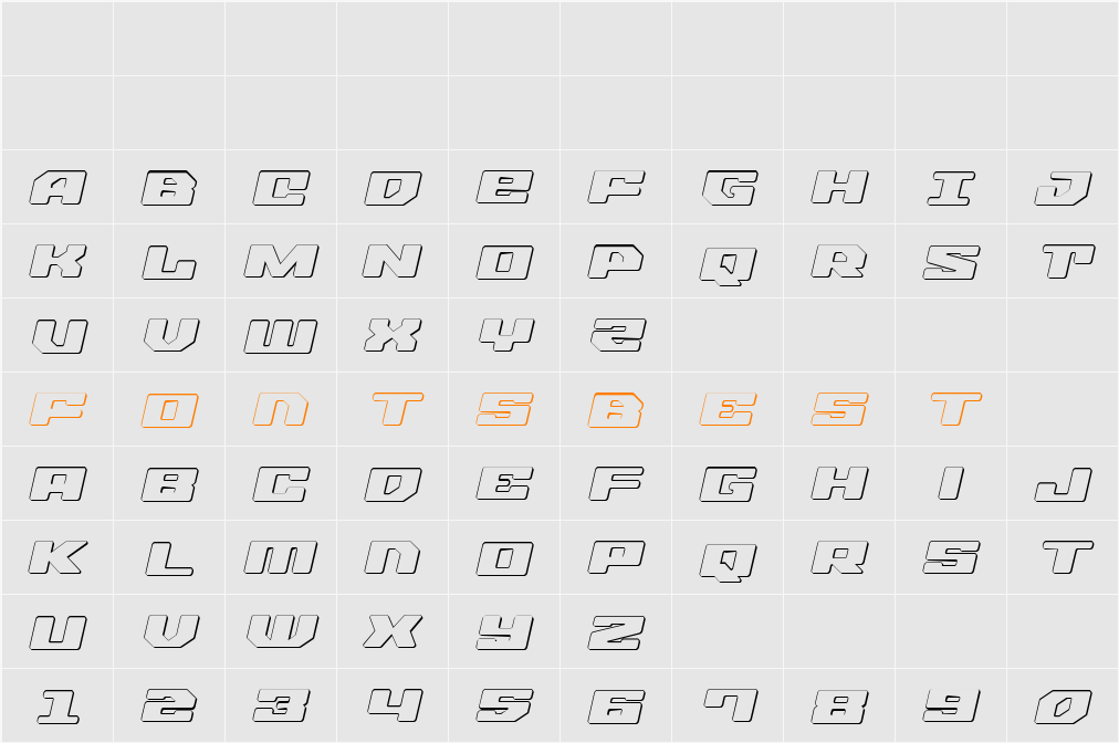 Fawkes Outline Italic Character Map
