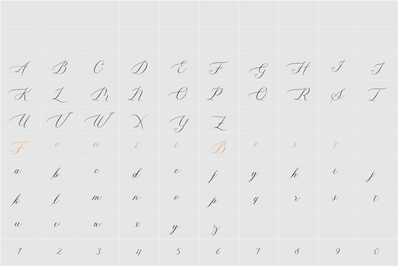 Mustang Script Character Map