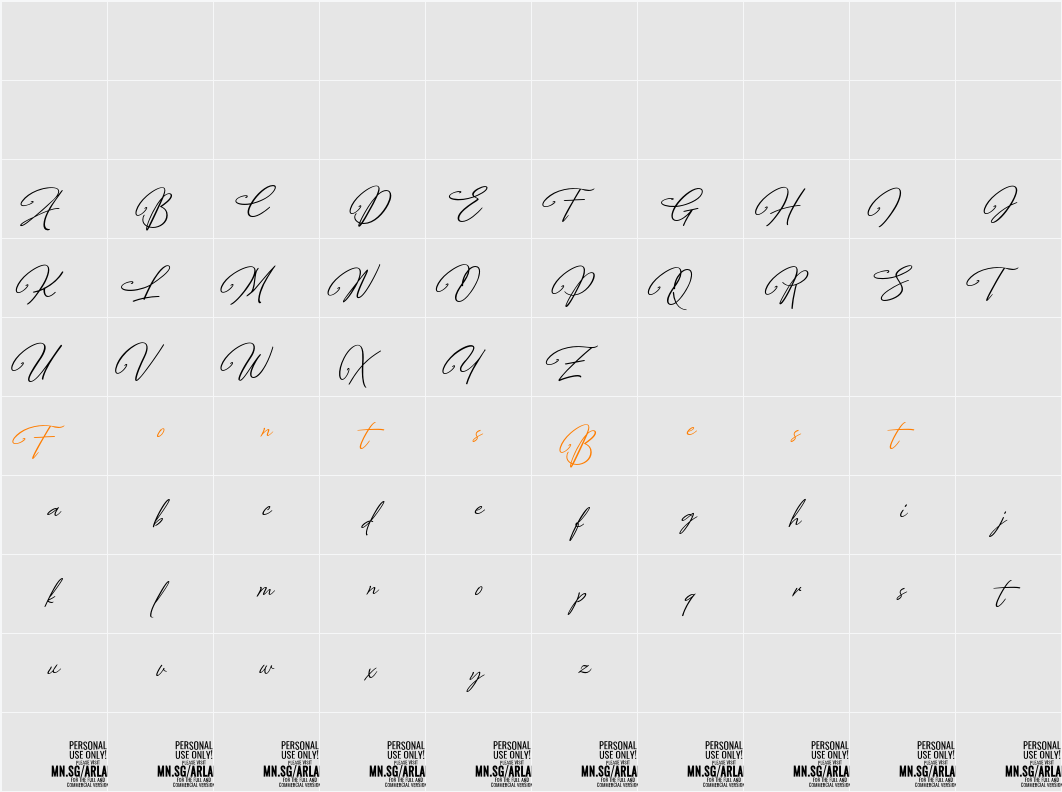 Arlanda Script Swash PERSONAL Character Map