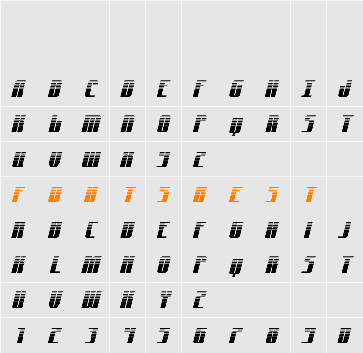 Xeno-Seeker Halftone Italic Character Map