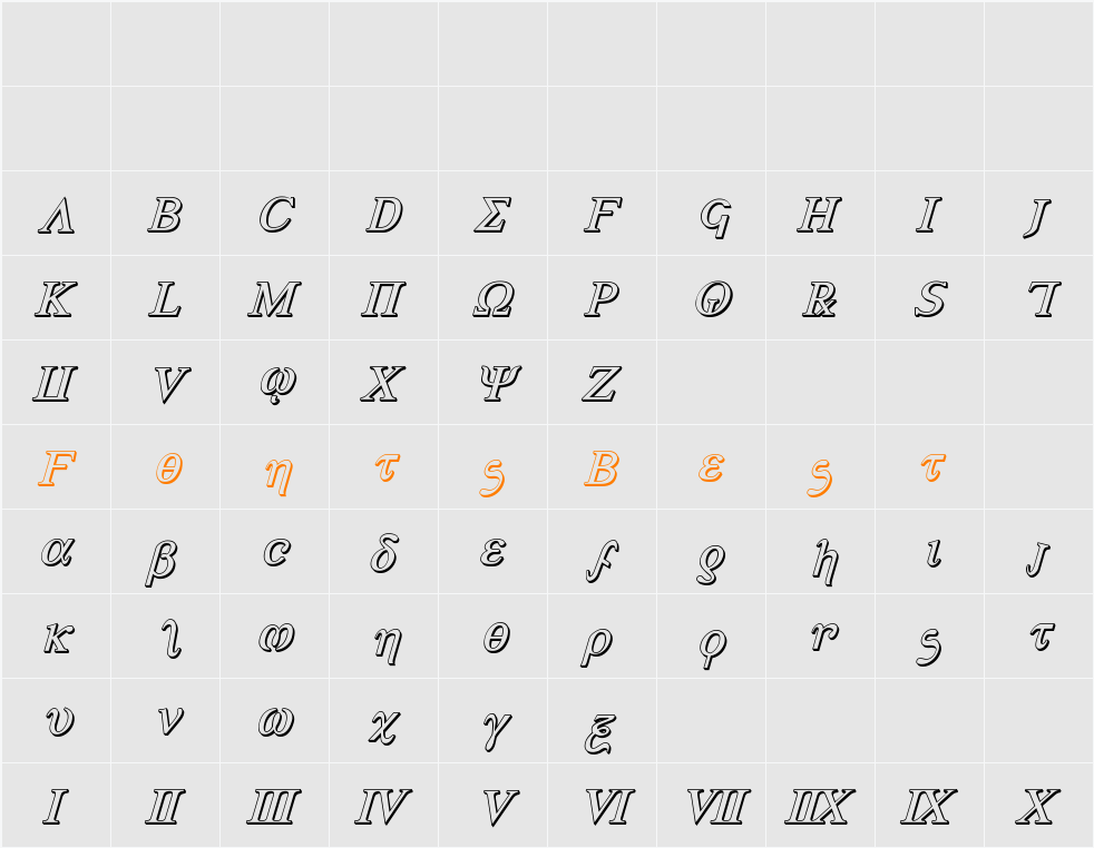 Achilles 3D Italic Character Map
