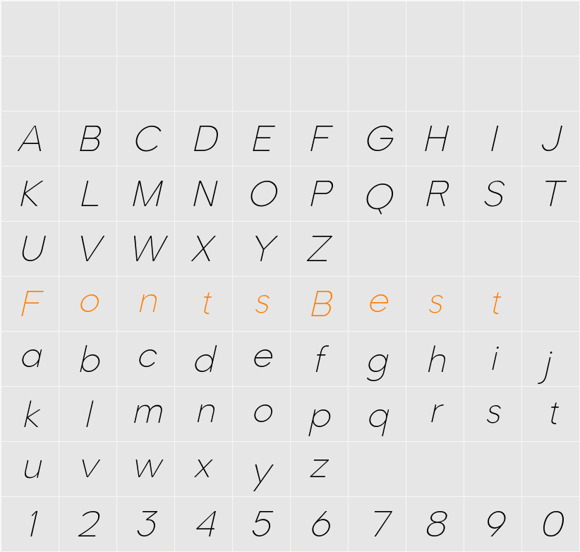 Romela Variable Italic Thin Character Map