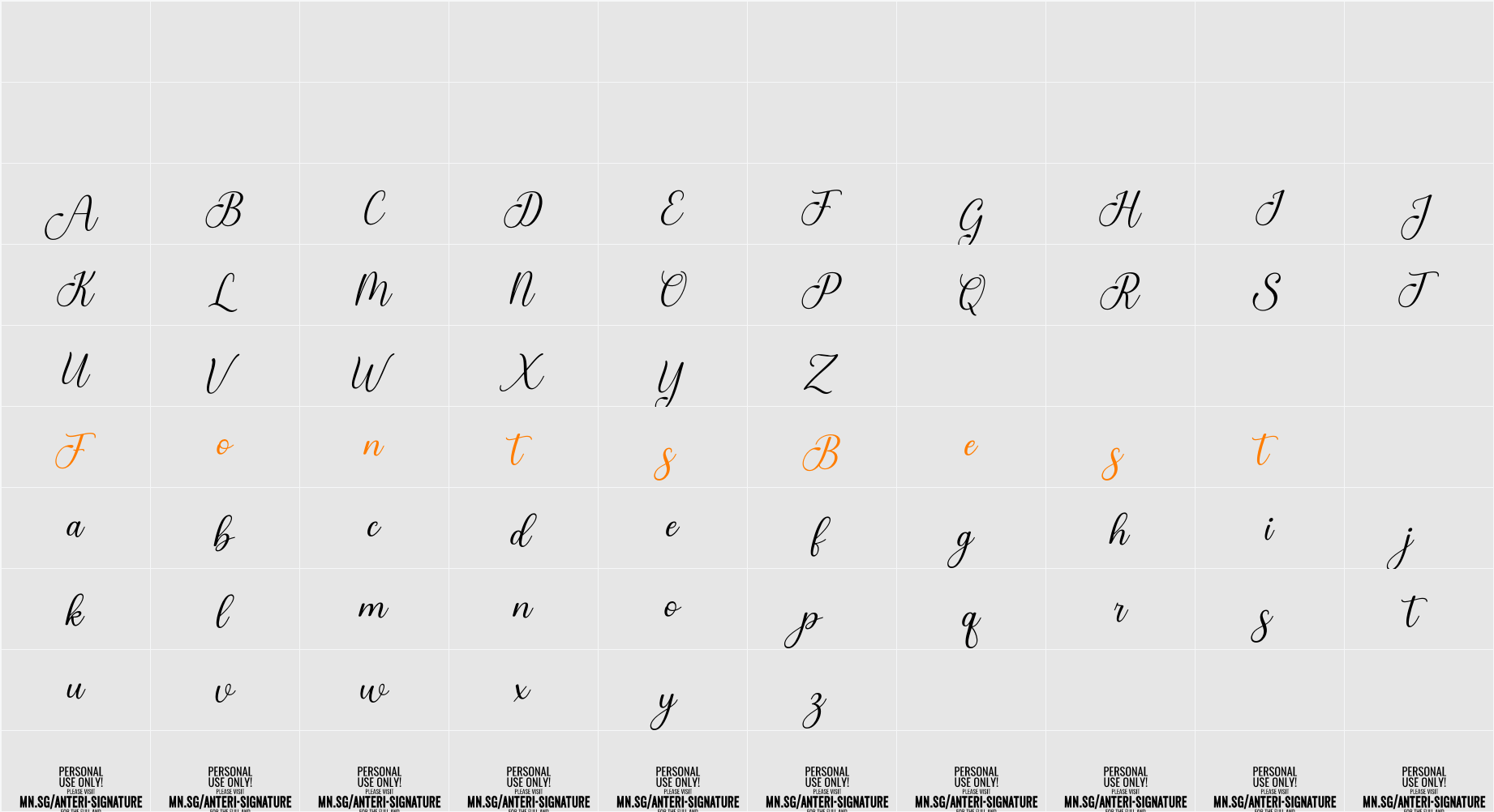 Anteri Signature PERSONAL USE Character Map