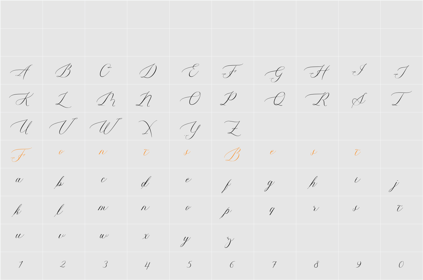 Mustang Script Character Map