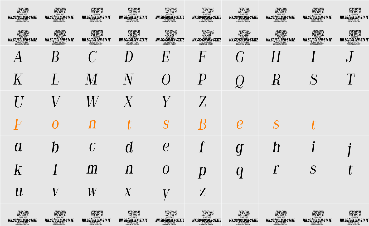 Golden State Serif PERSONAL Light Character Map
