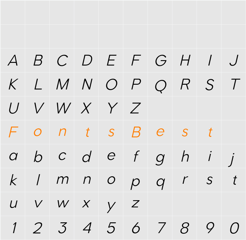 Romela Italic Light Character Map