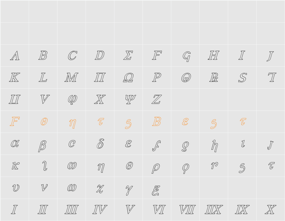 Achilles Outline Italic Character Map